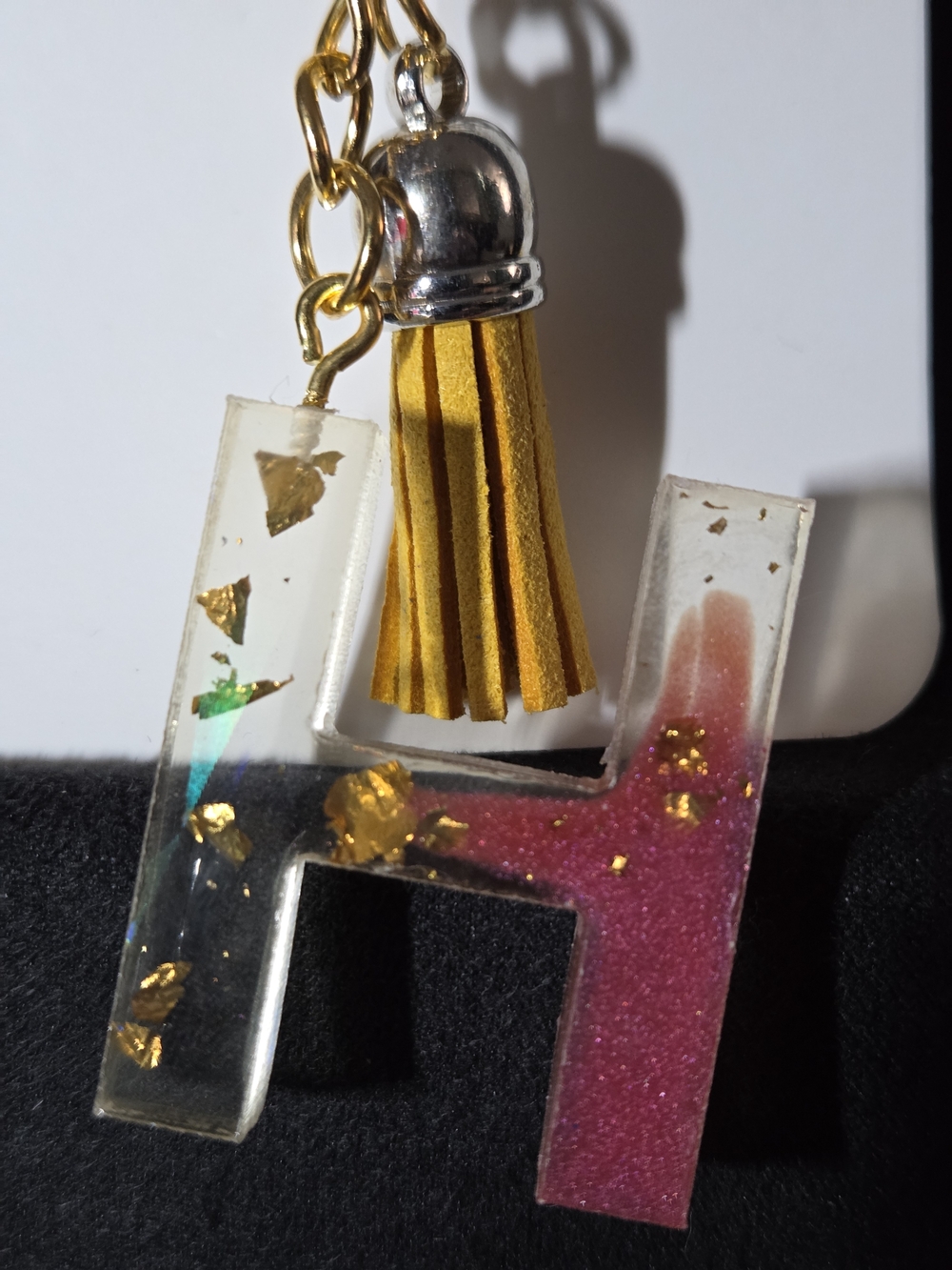 Initial 'H' Resin Keychain with Gold Tassel - Pink and Yellow